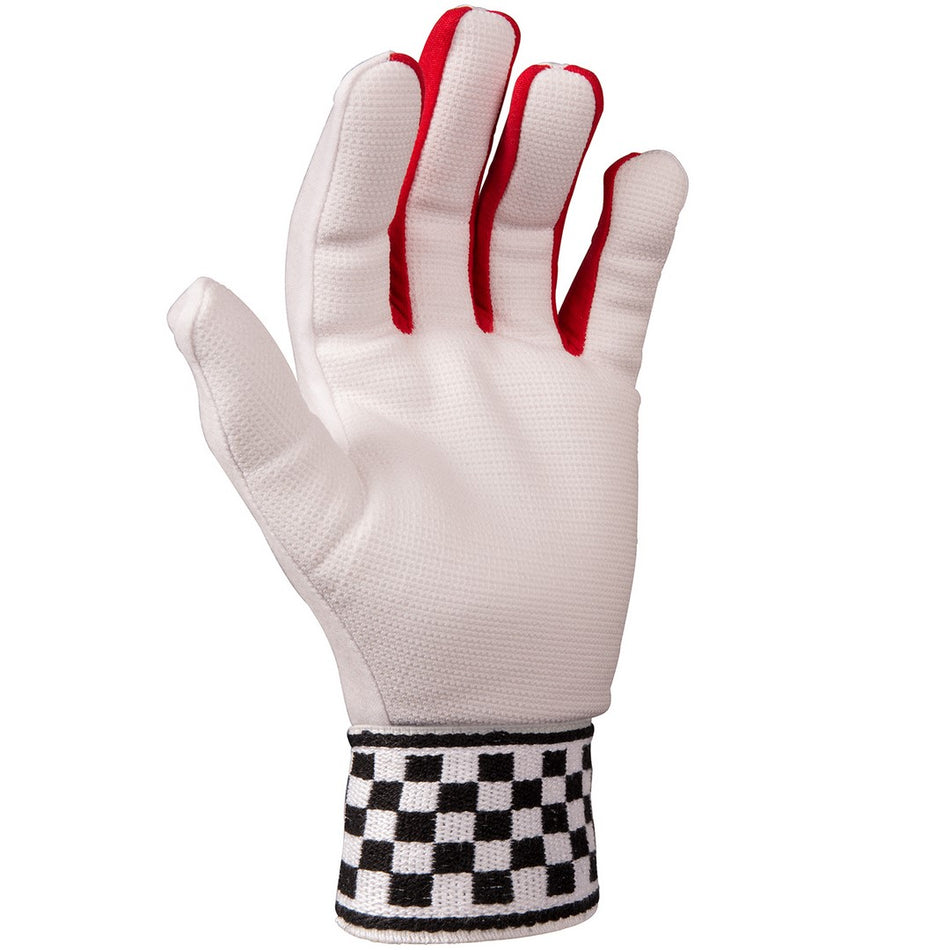 The Gray Nicolls Cotton Padded Palm Wicket Keeping Inners, featuring a white design with red finger lining, padded palm, and black and white checkered cuff, is shown upright with the palm facing forward.