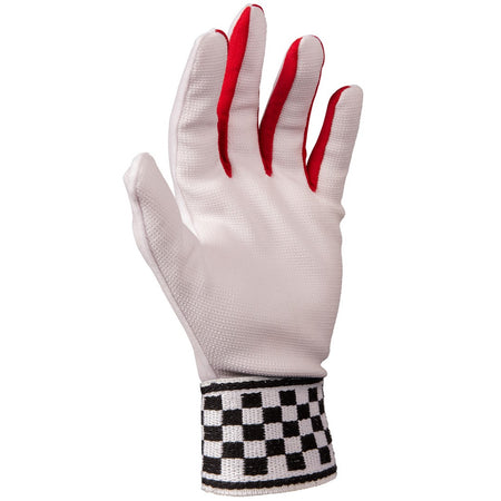 The Gray Nicolls Cotton Plain Palm Wicket Keeping Inners feature a white design with red inner fingers, a black-and-white checkered cuff, and a soft cotton palm—shown upright with fingers extended for ideal wicket keeping support.