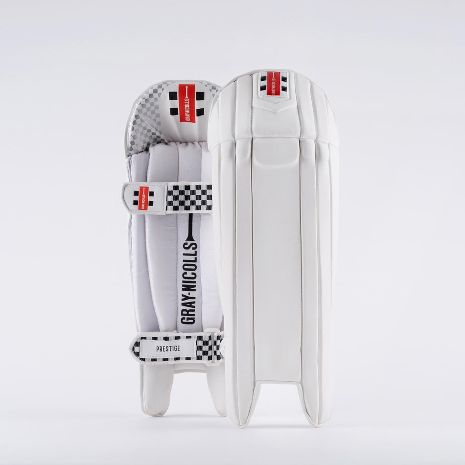 The Gray Nicolls Prestige Wicket Keeping Pads 2026, a pair of lightweight pads with multi-layer protection, are shown on a white background.