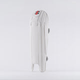 The Gray Nicolls Prestige Wicket Keeping Pads 2026 stands upright against a plain background, showcasing ergonomic knee design, detailed padding and stitching, and a small tricolor Gray Nicolls logo near the top.
