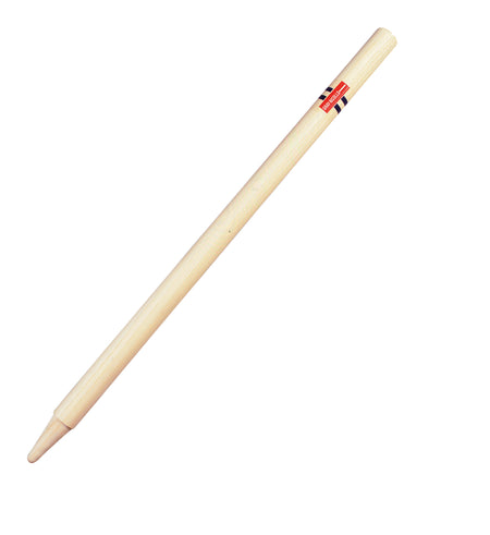 A single light-colored wooden stick with a rounded tip, featuring a small red and black Gray Nicolls logo near the thicker end, resembles the premium English Ash used in Gray Nicolls County Stumps sets, displayed on a white background.