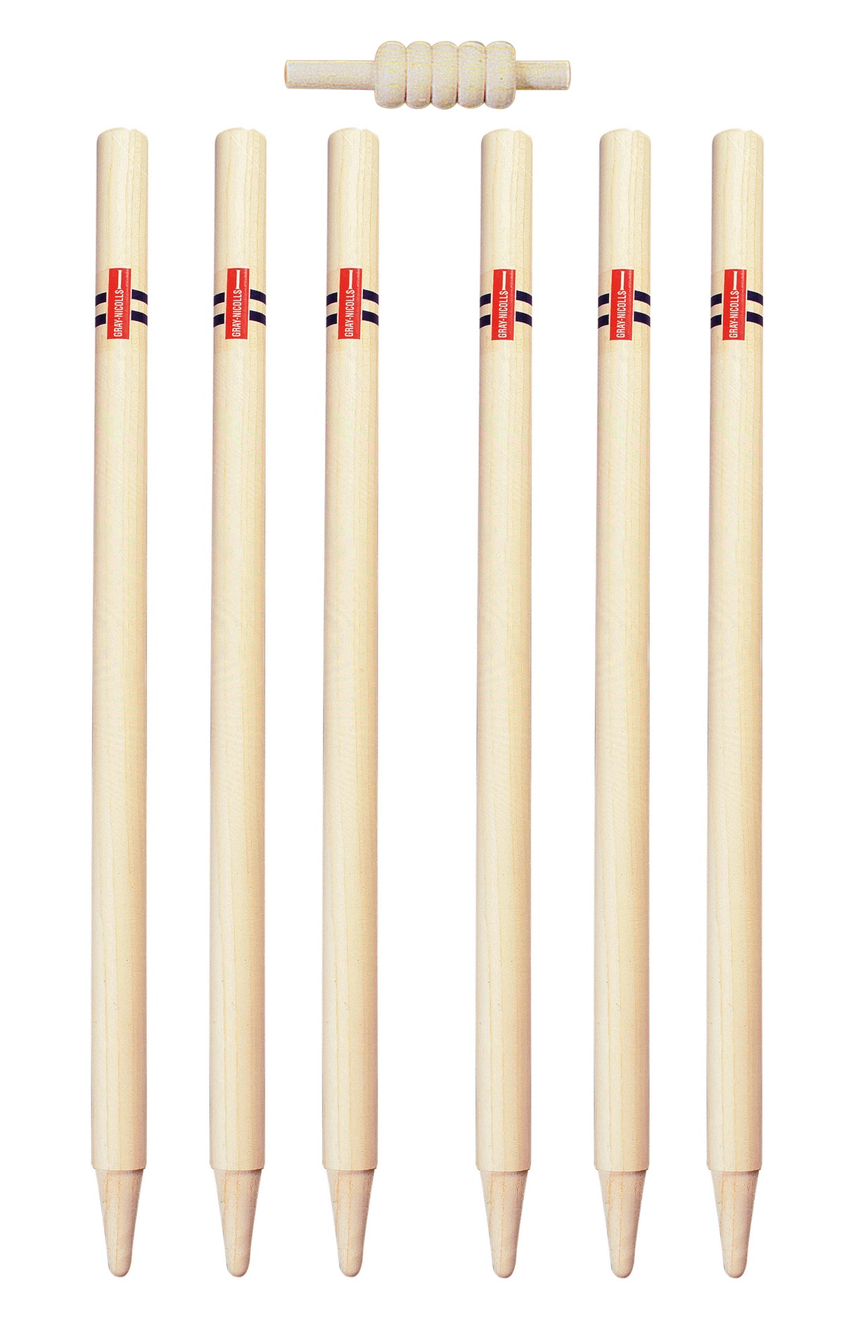 Six Gray Nicolls Club Stumps Senior, each with a red label and two black stripes near the top, are arranged in a row with pointed ends and one bail above—ideal for club cricket.