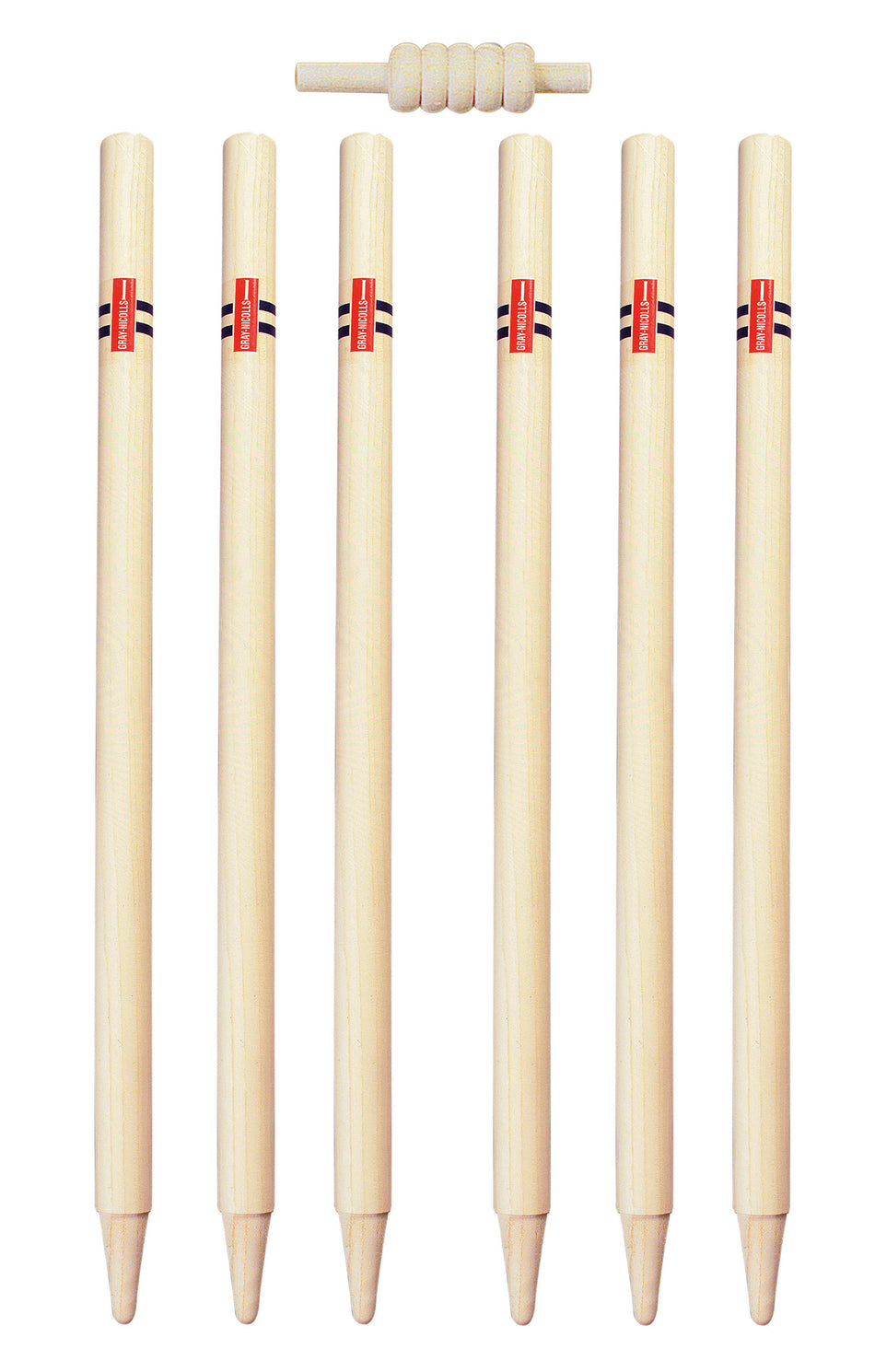 Six Gray Nicolls Club Stumps Senior, each with a red label and two black stripes near the top, are arranged in a row with pointed ends and one bail above—ideal for club cricket.