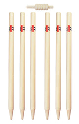 The Gray Nicolls Club Stumps Junior features six wooden stumps with black stripes and red labels, arranged in a row with a wooden bail on top—perfect for school or club cricket matches.