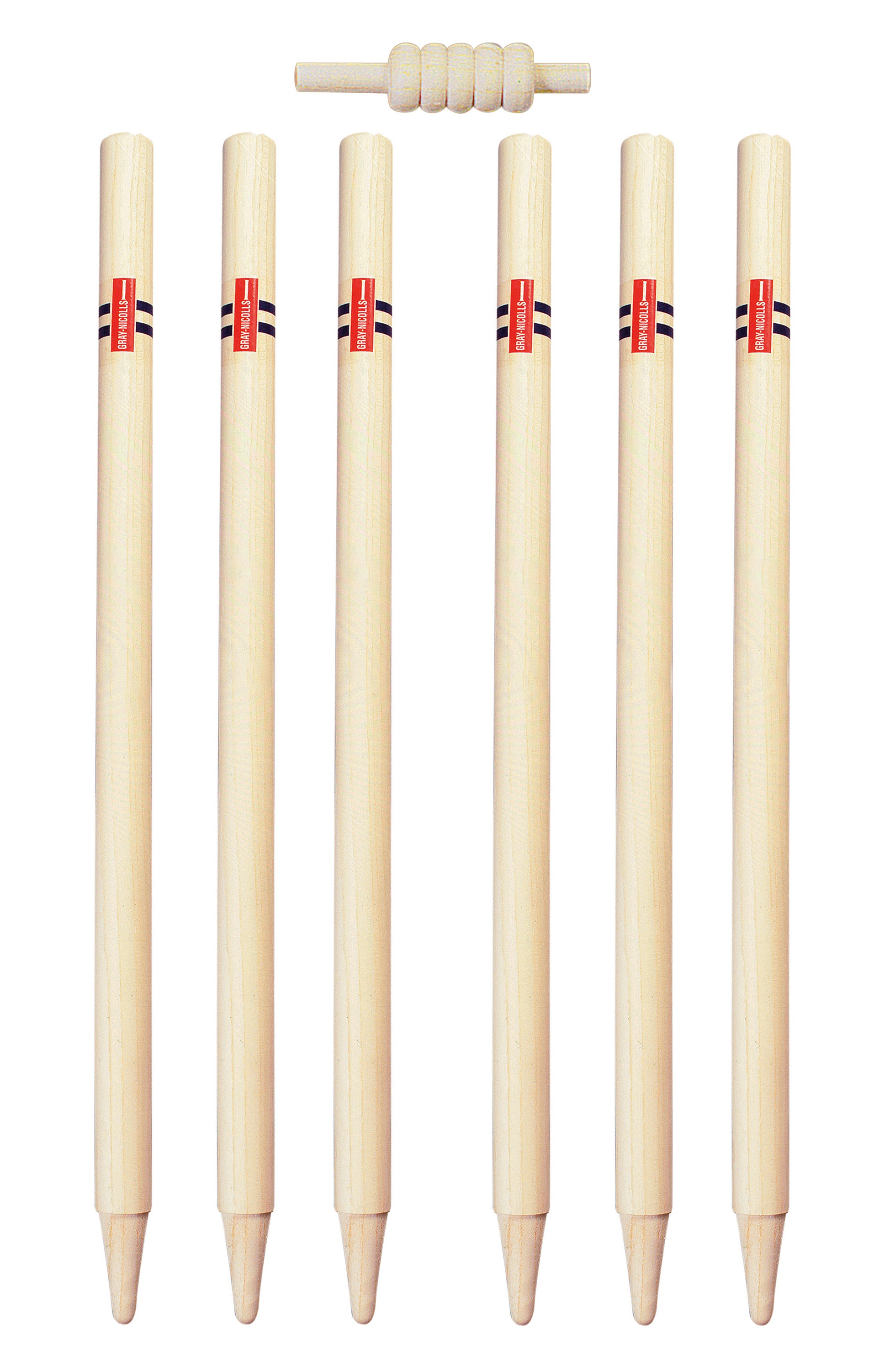 The Gray Nicolls Club Stumps Junior features six wooden stumps with black stripes and red labels, arranged in a row with a wooden bail on top—perfect for school or club cricket matches.