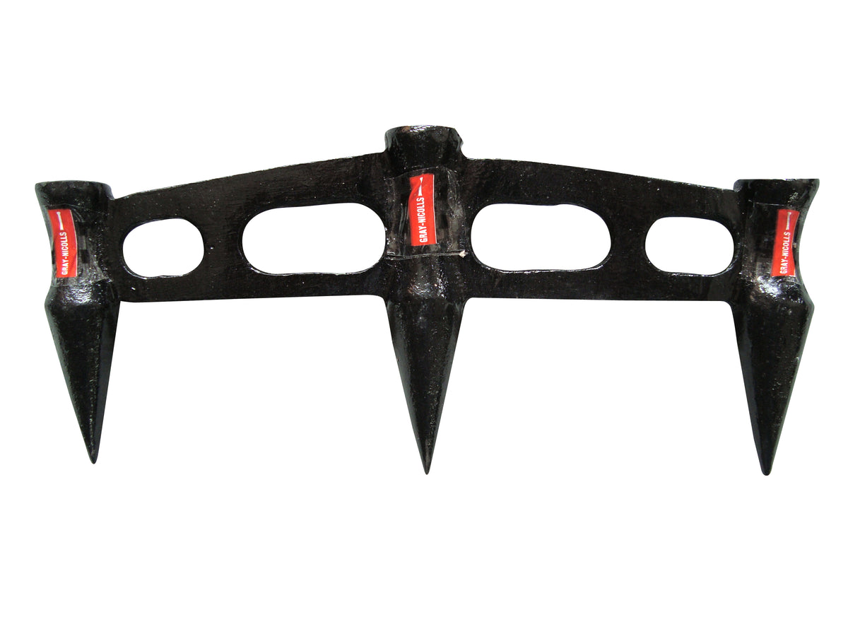 The Gray Nicolls Stump Gauge by Gray Nicolls features a black metal design with three sharp spikes and oval cut-out handles, manually pressed into soil to improve aeration, resembling cricket stumps.