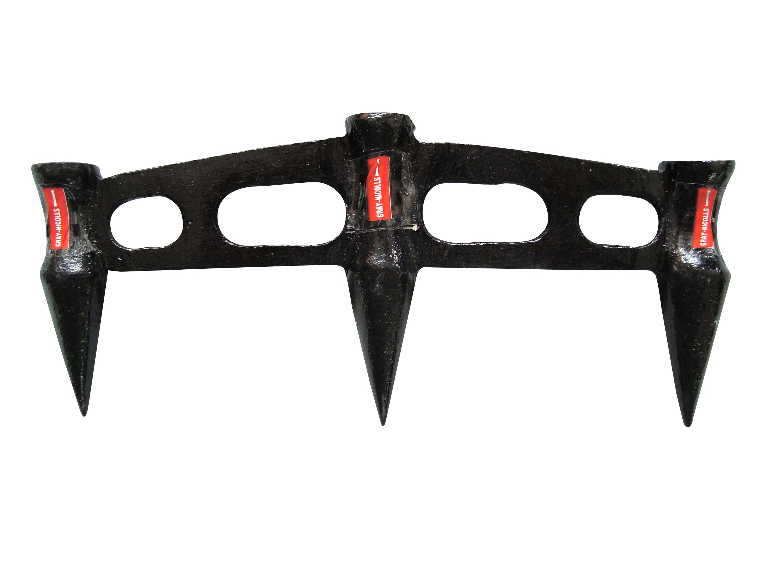 The Gray Nicolls Stump Gauge by Gray Nicolls features a black metal design with three sharp spikes and oval cut-out handles, manually pressed into soil to improve aeration, resembling cricket stumps.