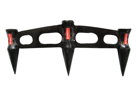 The Gray Nicolls Stump Gauge by Gray Nicolls features a black metal design with three sharp spikes and oval cut-out handles, manually pressed into soil to improve aeration, resembling cricket stumps.