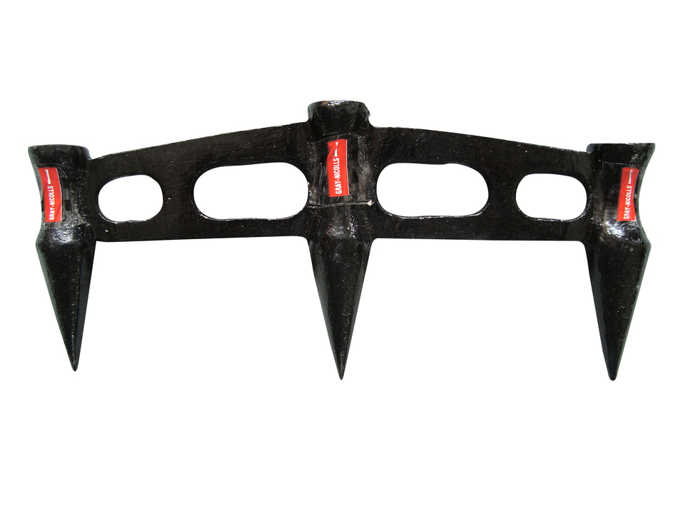 The Gray Nicolls Stump Gauge by Gray Nicolls features a black metal design with three sharp spikes and oval cut-out handles, manually pressed into soil to improve aeration, resembling cricket stumps.