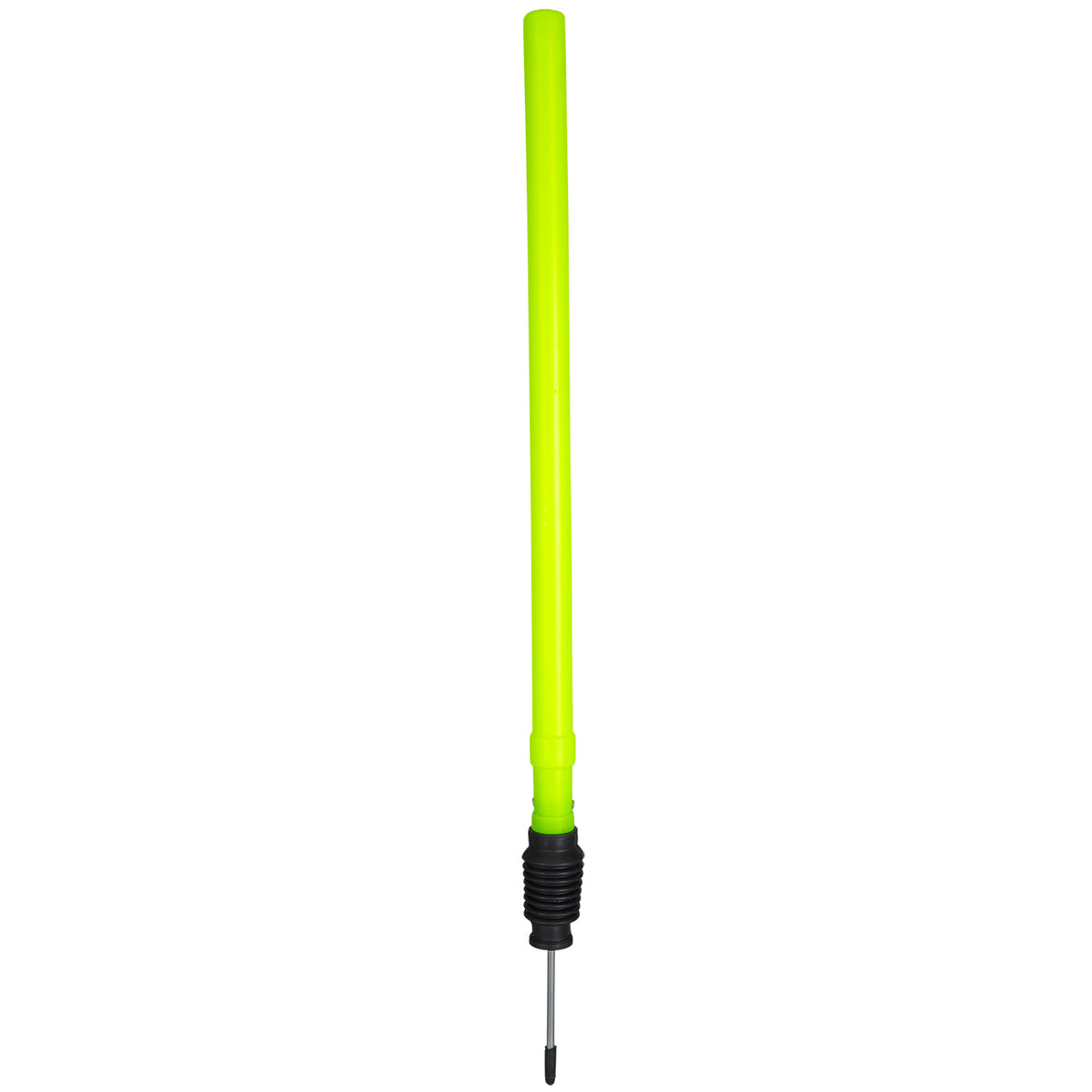 The Gray Nicolls Target Stump is a bright yellow-green plastic stump with a ribbed black grip and metal tip, ideal for cricket fielding practice.