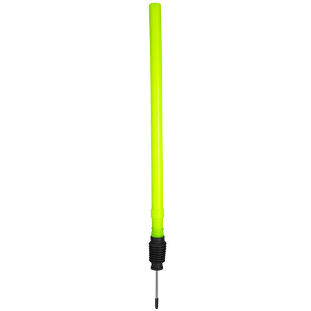 The Gray Nicolls Target Stump is a bright yellow-green plastic stump with a ribbed black grip and metal tip, ideal for cricket fielding practice.