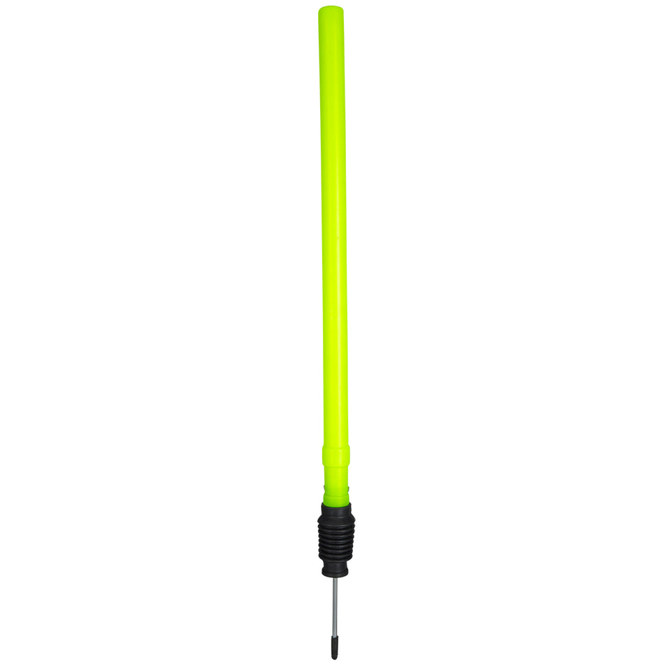 The Gray Nicolls Target Stump is a bright yellow-green plastic stump with a ribbed black grip and metal tip, ideal for cricket fielding practice.