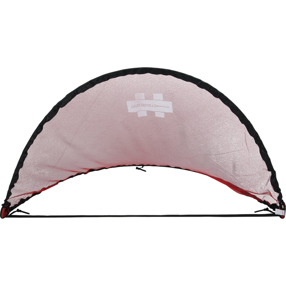 The Gray Nicolls Pop up Net by Gray Nicolls is a foldable, semicircular soccer goal with a black frame and red mesh netting, shown from the front against a white background.