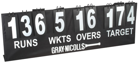 The Gray Nicolls Portable Score Board displays 136 runs, 5 wickets, 16 overs, and a target of 174. Lightweight and portable, it features the Gray Nicolls brand at the bottom beside a bat icon.