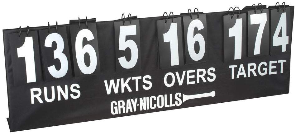 The Gray Nicolls Portable Score Board displays 136 runs, 5 wickets, 16 overs, and a target of 174. Lightweight and portable, it features the Gray Nicolls brand at the bottom beside a bat icon.