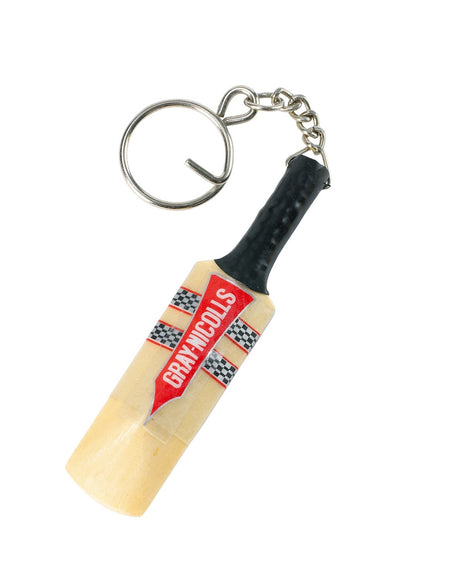 The Gray Nicolls Keyring features a miniature cricket bat with a black handle and Gray Nicolls branding on the front, making it an ideal accessory for cricket fans.