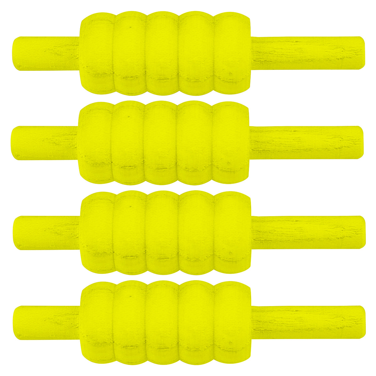 Four identical Gray Nicolls Neon Bails by Gray Nicolls, bright yellow with a ridged cylindrical design, are shown horizontally and evenly spaced against a white background.