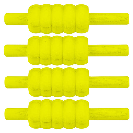 Four identical Gray Nicolls Neon Bails by Gray Nicolls, bright yellow with a ridged cylindrical design, are shown horizontally and evenly spaced against a white background.