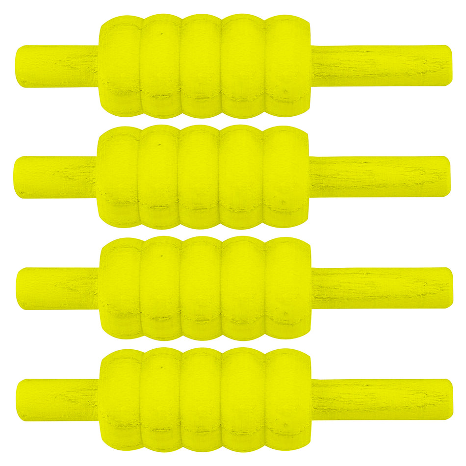 Four identical Gray Nicolls Neon Bails by Gray Nicolls, bright yellow with a ridged cylindrical design, are shown horizontally and evenly spaced against a white background.