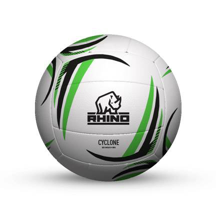 The Rhino Cyclone Netball, by Rhino, is a white ball with black and green curved designs, featuring the bold RHINO logo and CYCLONE printed below—perfect for use in schools and clubs.
