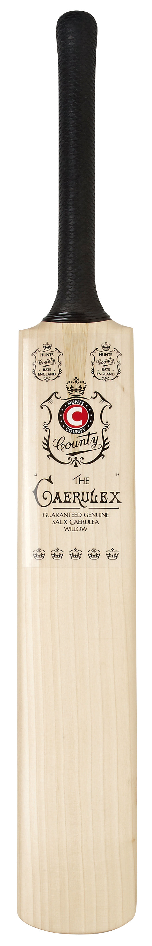 The Hunts County Caerulex Super Select Junior Cricket Bat features a traditional wooden blade, black handle, and detailed Hunts County branding, with "Caerulex" on the front above decorative crowns.