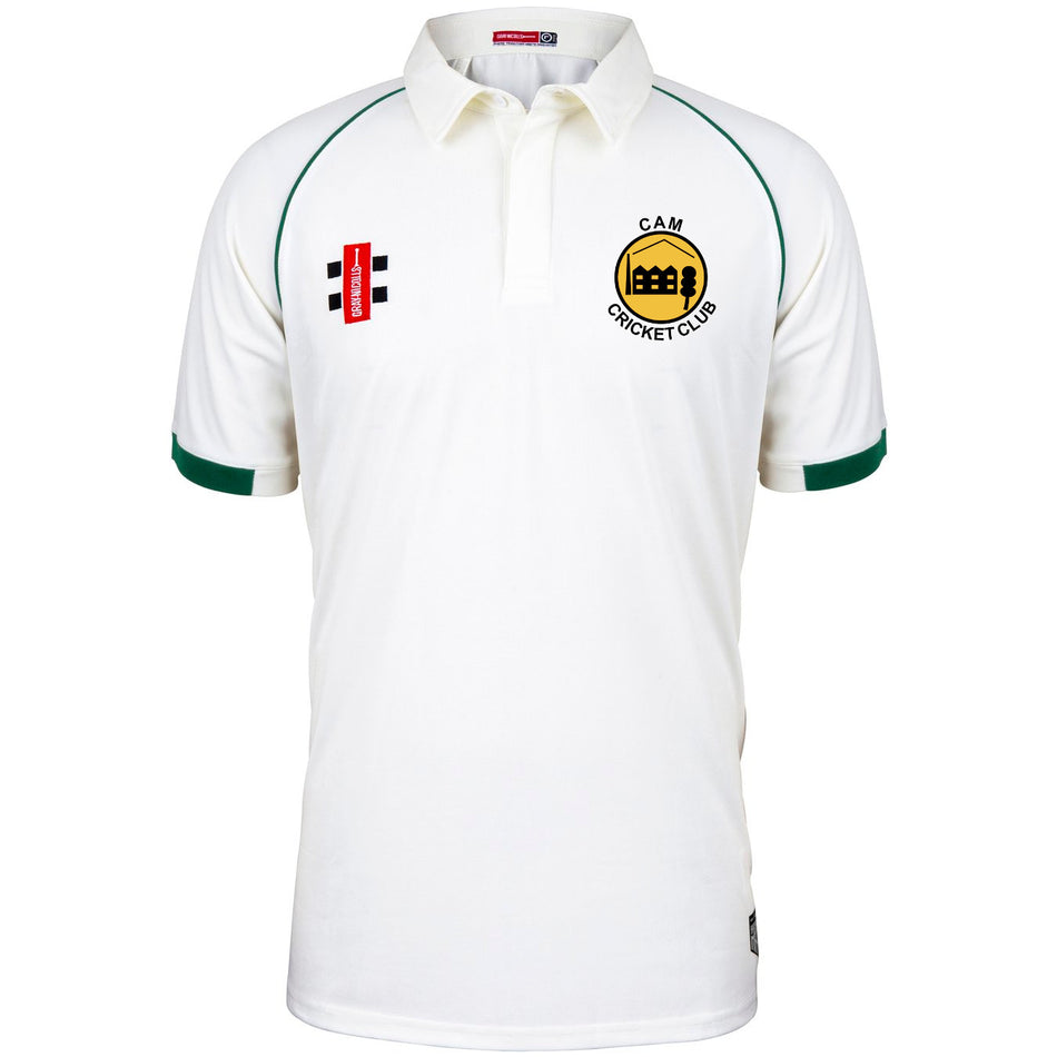 The Cam CC Matrix V2 Short Sleeve Match Shirt by Martin Berrill Sports is white with green trim, a collar, and two embroidered chest logos. Made from moisture-wicking fabric for comfort during play.