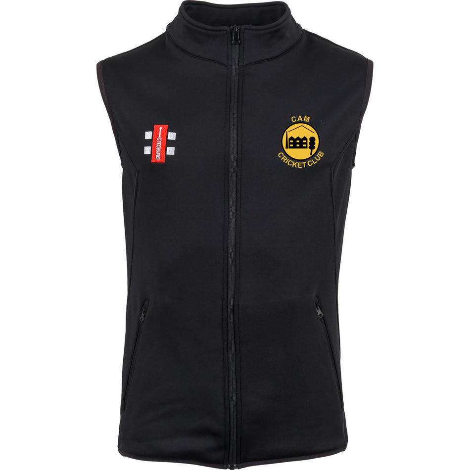 The Gray Nicolls Cam CC Black Storm Fleece Bodywarmer is a sleeveless zip-up vest with two zip pockets, a red/white chest patch on the left, and a yellow CAM Cricket Club stumps logo on the right.