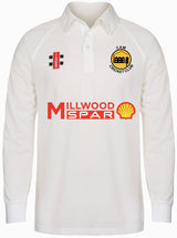 The Cam CC Matrix V2 Long Sleeve Shirt - Junior by Gray Nicolls is a white polyester cricket top with breathable fabric, CAM Cricket Club logo on the left chest, black and red emblems right, and Millwood Spar and Shell logos front.