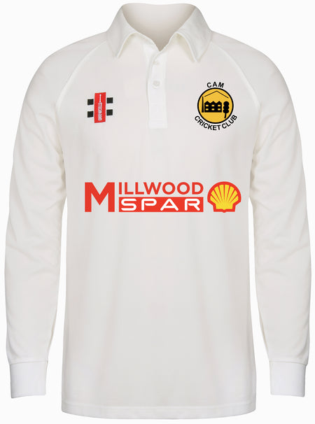 The Cam CC Matrix V2 Long Sleeve Shirt - Junior by Gray Nicolls is a white polyester cricket top with breathable fabric, CAM Cricket Club logo on the left chest, black and red emblems right, and Millwood Spar and Shell logos front.