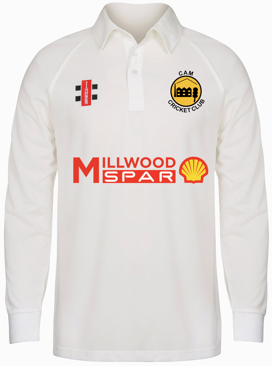 The Cam CC Matrix V2 Long Sleeve Shirt - Junior by Gray Nicolls is a white polyester cricket top with breathable fabric, CAM Cricket Club logo on the left chest, black and red emblems right, and Millwood Spar and Shell logos front.