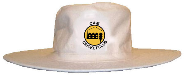The Cam CC Fielders Sun Hat by Martin Berrill Sports is a wide-brimmed white sun hat with the CAM Cricket Club’s yellow logo, featuring black text and a graphic, centered on the front.