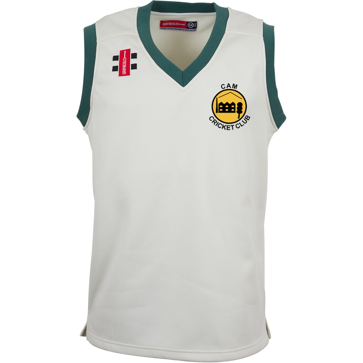 The Gray Nicolls Cam CC Pro Performance Slipover is a sleeveless white cricket top with green trim on the neck and armholes, made from lightweight fabric, featuring club logo and cricket design on the left and right chest.