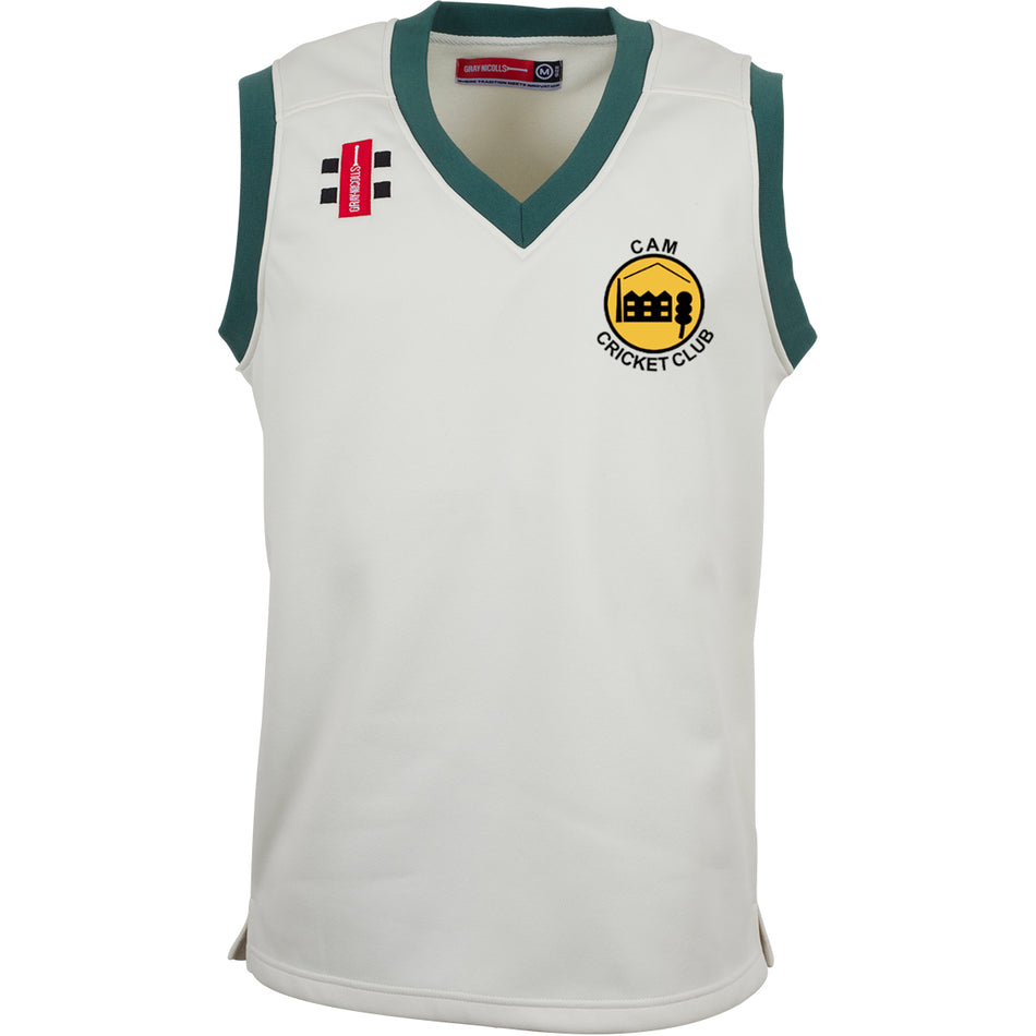 The Gray Nicolls Cam CC Pro Performance Slipover is a sleeveless white cricket top with green trim on the neck and armholes, made from lightweight fabric, featuring club logo and cricket design on the left and right chest.