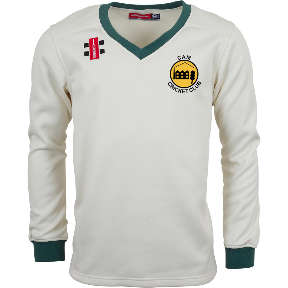 The Gray Nicolls Cam CC Pro Performance Sweater is a white, lightweight fleece long-sleeve with green cuffs and collar, a yellow and black CAM Cricket Club logo on the left chest, plus black/red patches on the right.
