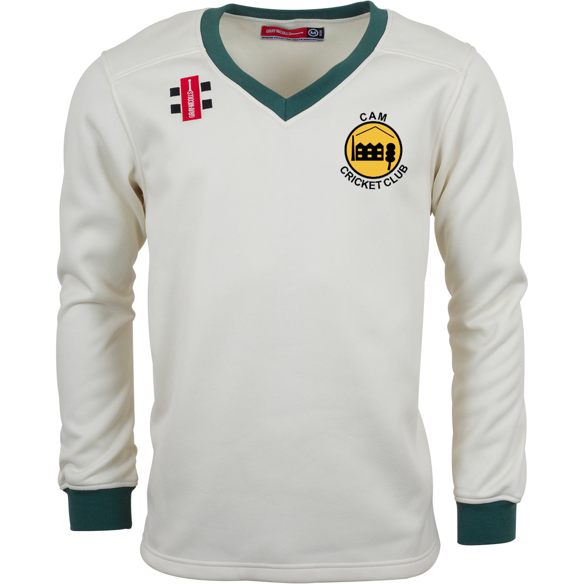 The Gray Nicolls Cam CC Pro Performance Sweater - Junior is a white, long-sleeved sports sweater with green cuffs and collar, a yellow and black C.A.M. Cricket Club chest logo, and two patches near the shoulders.