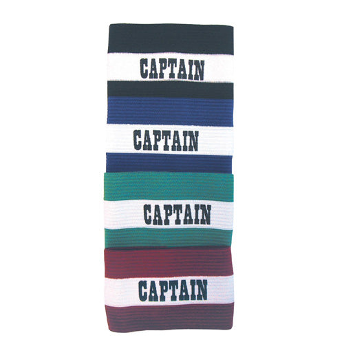 The Precision Training Captains Armband by Precision Training comes in black, featuring bold "CAPTAIN" lettering on a white stripe—perfect as a football armband for training sessions.