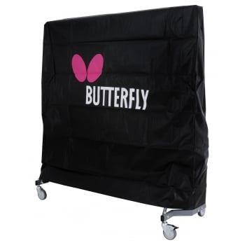 The Butterfly Table Cover - Small by Butterfly, in black with a pink butterfly logo and white text, fits over a folded table on wheels to provide durable outdoor protection.