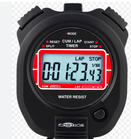 A close-up of the Fastime 4 Stopwatch by Fastime, showing 1:23.43 and LAP/STOP on the screen, buttons around the display, WATER RESIST at the bottom, and lap split stopwatch functionality.
