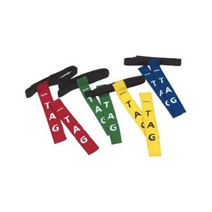 Carta Sport Rugby Tag Belt includes 2 detachable Velcro tags and 1 adjustable belt, available in red, green, blue, or yellow with "TAG" in white—perfect for tag or flag games.