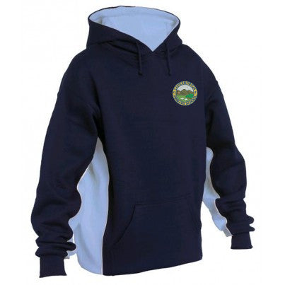 The Castlemorton Primary School Unisex Hoody by Falcon Sportswear is a navy blue polyester-cotton hoodie with white side panels, front pocket, and a small embroidered school logo on the chest.