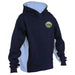 The Castlemorton Primary School Unisex Hoody by Falcon Sportswear features a navy blue color, white side panels, front pocket, and a circular green and yellow embroidered logo on the left chest.