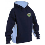 The Castlemorton Primary School Unisex Hoody by Falcon Sportswear features a navy design with white side panels, front pouch pocket, and a small green and yellow school logo on the left chest, made from soft polyester-cotton for comfort.