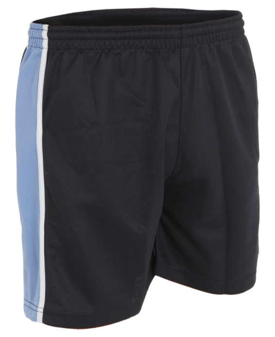 The Castlemorton Primary School Boys Sports Shorts by Falcon Sportswear feature a black design, elastic waistband, light blue side panel, and white stripe. Made from heavyweight polyester, these small-size shorts are perfect for school sports or exercise.