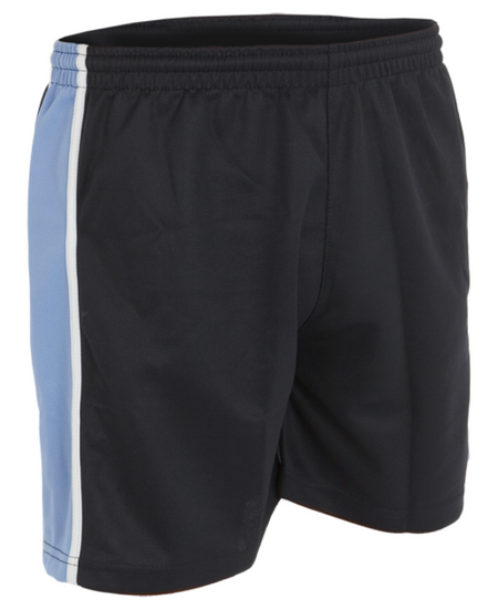 The Castlemorton Primary School Boys Sports Shorts by Falcon Sportswear feature a black design, elastic waistband, light blue side panel, and white stripe. Made from heavyweight polyester, these small-size shorts are perfect for school sports or exercise.