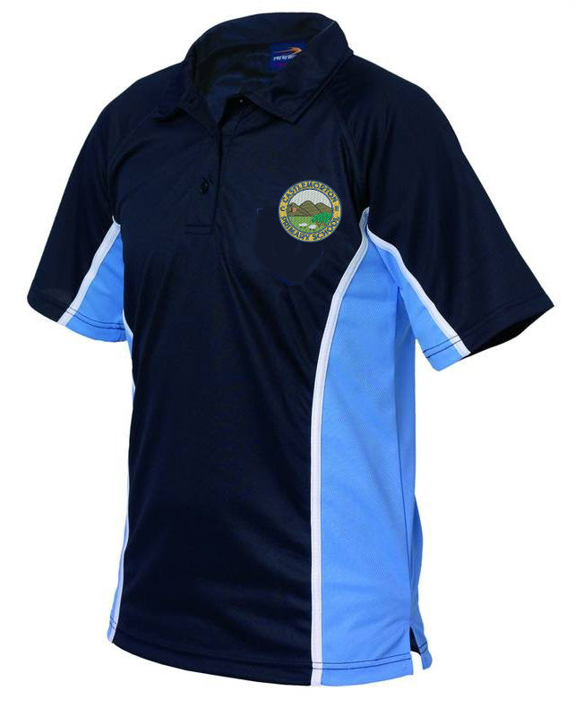 The Castlemorton Primary School Boys Polo Shirt Large Sizes by Falcon Sportswear features a dark navy front, light blue side panels, and the school crest in green, gold, and blue embroidered on the left chest.