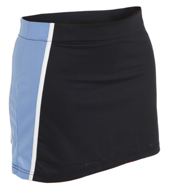 The Falcon Sportswear Castlemorton Primary School Girls Panelled PE Skort features black panels, a light blue side panel, and a vertical white stripe—perfect as uniform PE skort for Castlemorton Primary School.