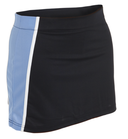The Falcon Sportswear Castlemorton Primary School Girls Panelled PE Skort features black panels, a light blue side panel, and a vertical white stripe—perfect as uniform PE skort for Castlemorton Primary School.