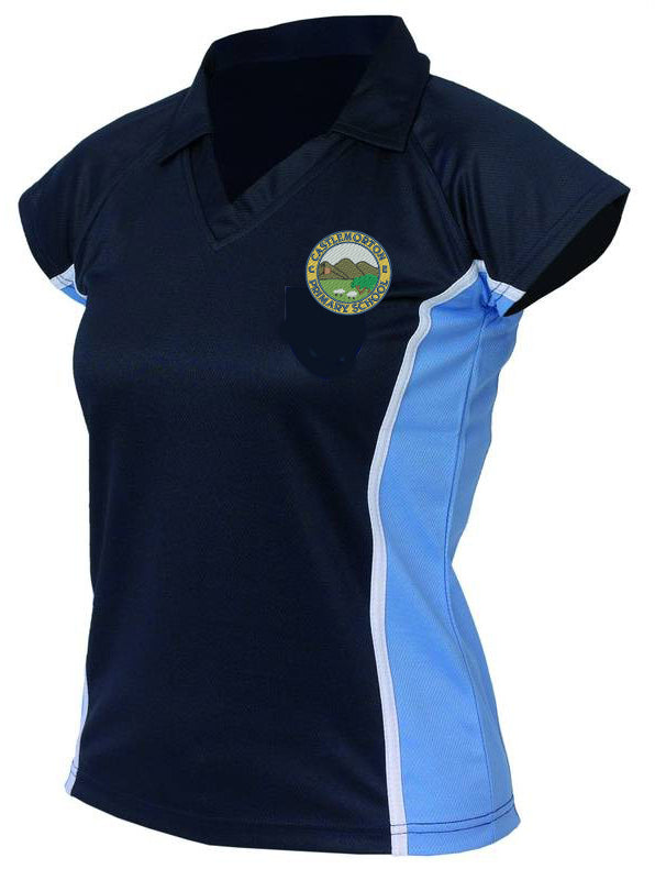 The Castlemorton Primary School Girls Polo Shirt by Falcon Sportswear is a navy blue, short-sleeve top with light blue side panels, white trim, and a school logo with green hills and a yellow border on the left chest.