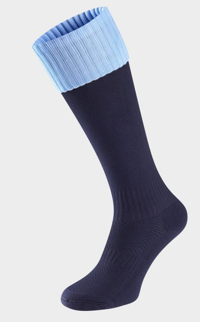 The Precision Training Castlemorton Primary School Sock is a single dark navy knee-high with a wide ribbed light blue cuff and cushioned sole, shown on a light gray background—perfect for daily primary school comfort.