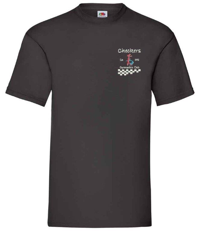 The Checkers Gymnastics T-Shirt by Martin Berrill Sports is a black kids’ top with a small left chest logo featuring the Checkers and Gymnastics Club name, gymnast graphic, checkered pattern, and Est. 1992.